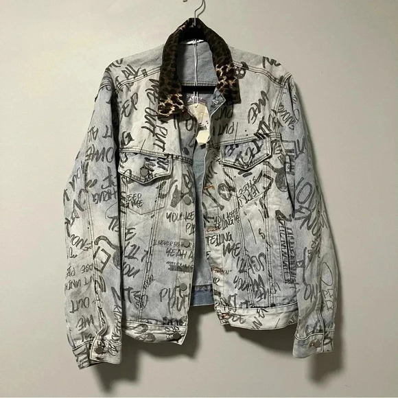 NWT MNML  Blue Scribble Trucker Graffiti Jacket Men's Jacket - Picture 2 of 12